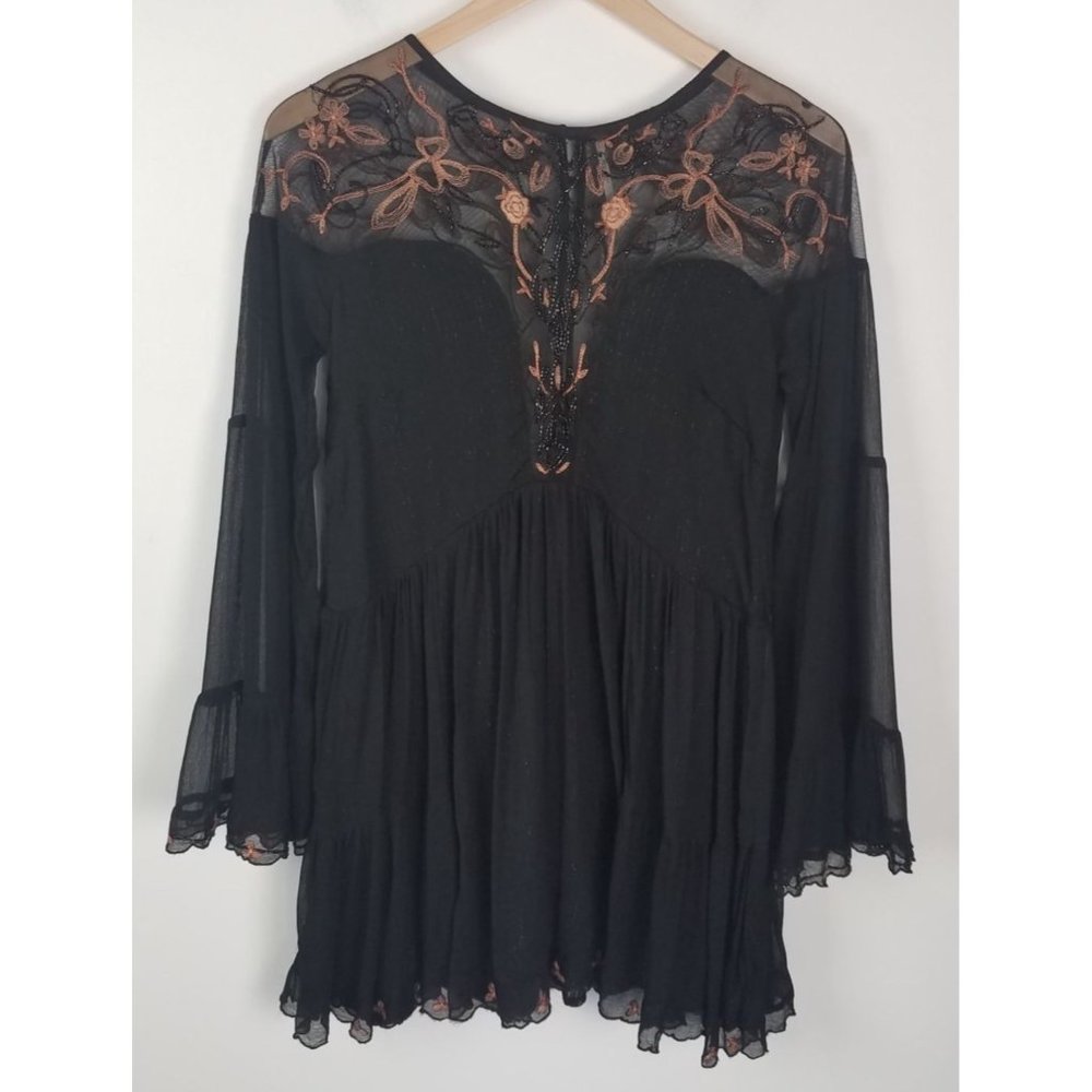 Free People Sz. XS Black Embellished Deep Front Sheer Belle Sleeve Sequin Tunic